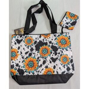 N Gil Tote Bag Women Large Black White NWT Western Cow Print Sunflower Set